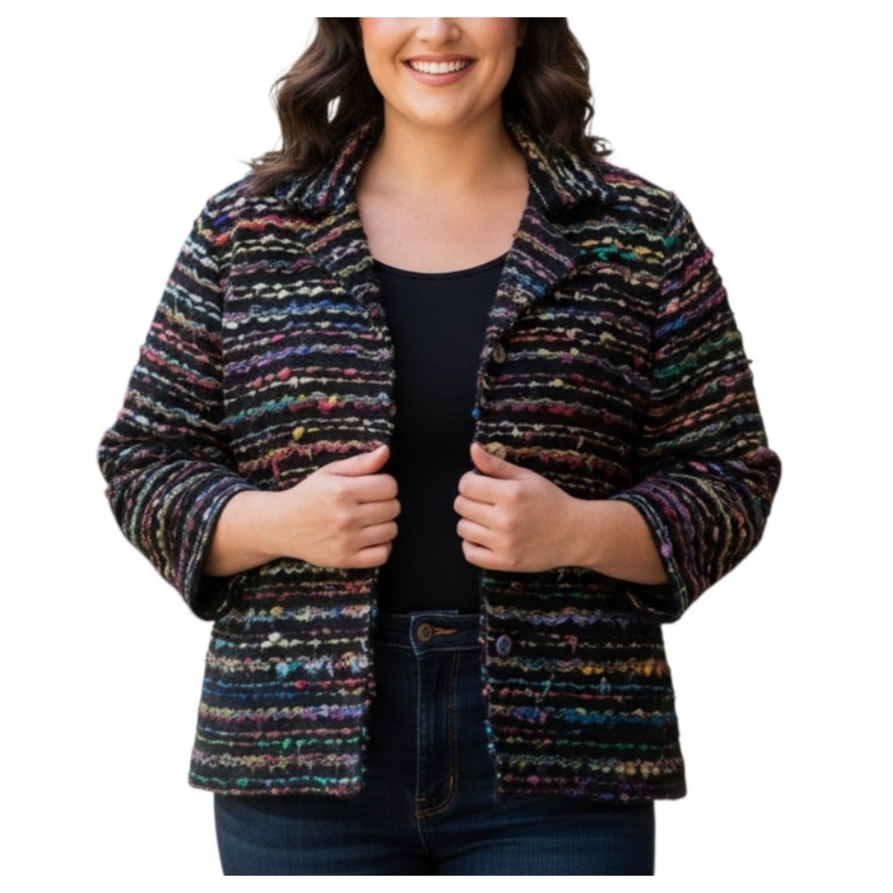 COLDWATER CREEK JACKET Black w/Multi-Color BOUCLE TWEED STRIPES Button-Up 1X